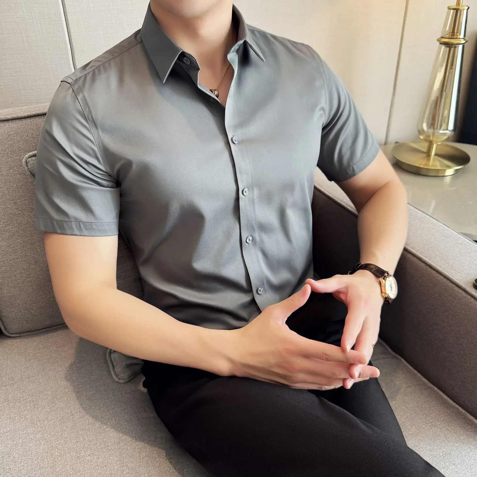 S~6XL increase summer mercerized satin short sleeve shirt ice silk cool half sleeve solid color business casual men shirt 250320