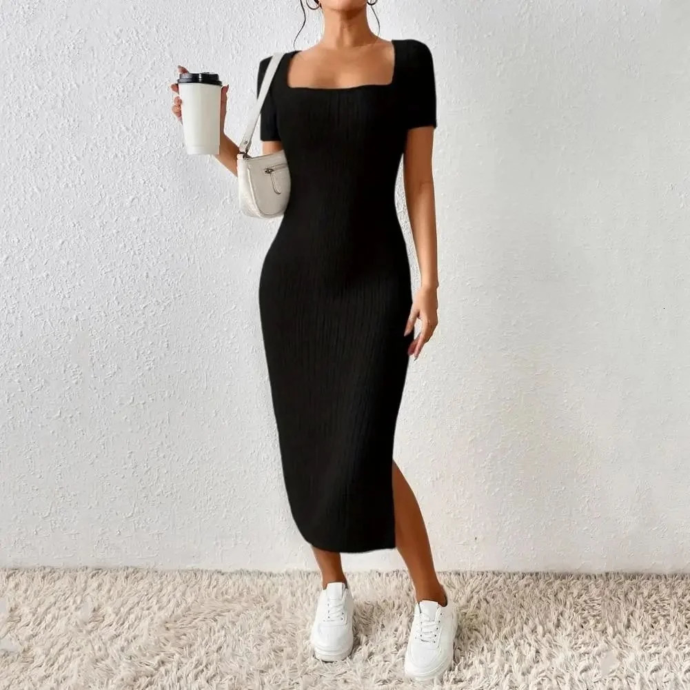 Sexy split style fashionable womens short sleeved slim fit square neckline solid summer body casual office elegant vest 250320