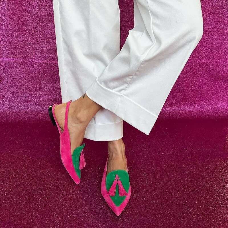 New Summer Color Block Women's 40-43 Large Pointed Tassel Low Heel Back Air Sandals High Heels Womens Shoes