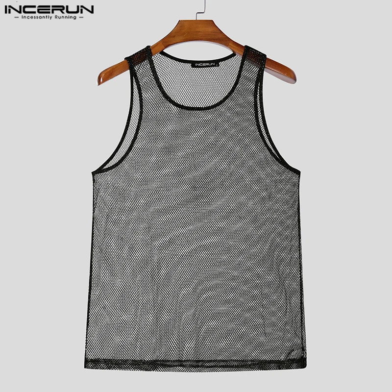INCERUN Tops American Fashion Mens Sparkling Fabric Hollow Mesh Vest Leisure Club Clothing Selling Sleeveless Vest 250318