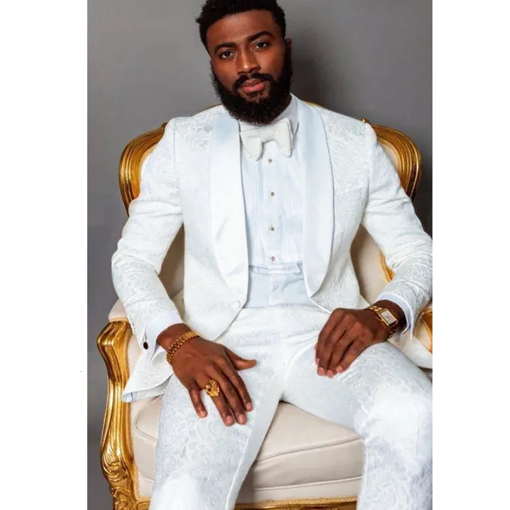 White jacquard wedding mens shawl lapel single corset 2piece set jacket pants elegant clothing 250311