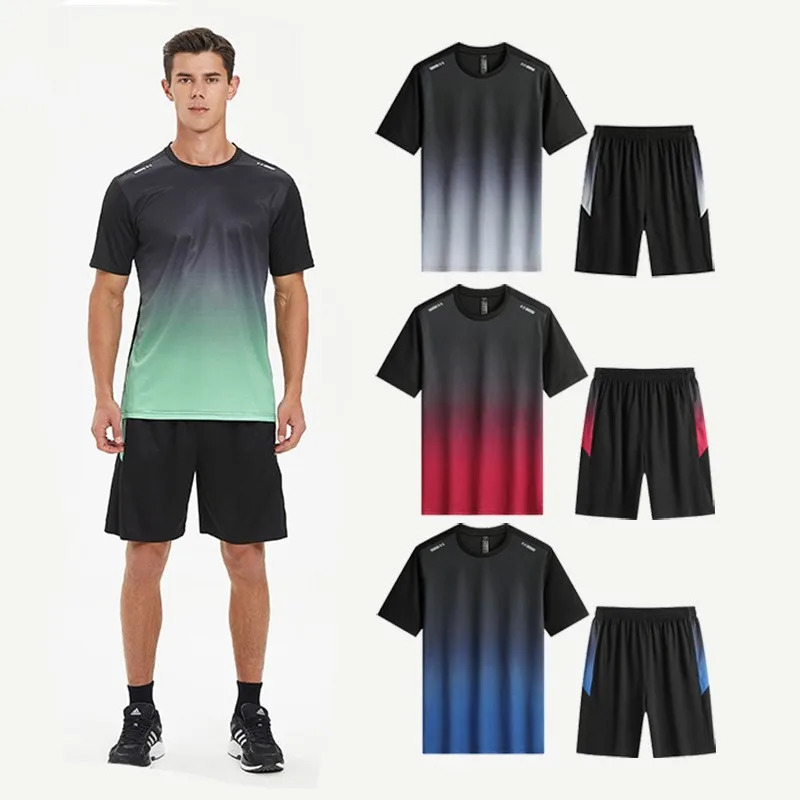 Summer Mens Short Sleeve Shorts Two Piece Running Quick Dry Tracksuit Gym Breathable Football Clothing Fitness Running Set 250320