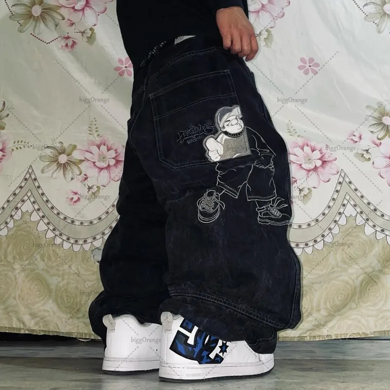 Street retro washed jeans cartoon embroidery super large loose straight wide leg pants fashion trend mens clothing 250320
