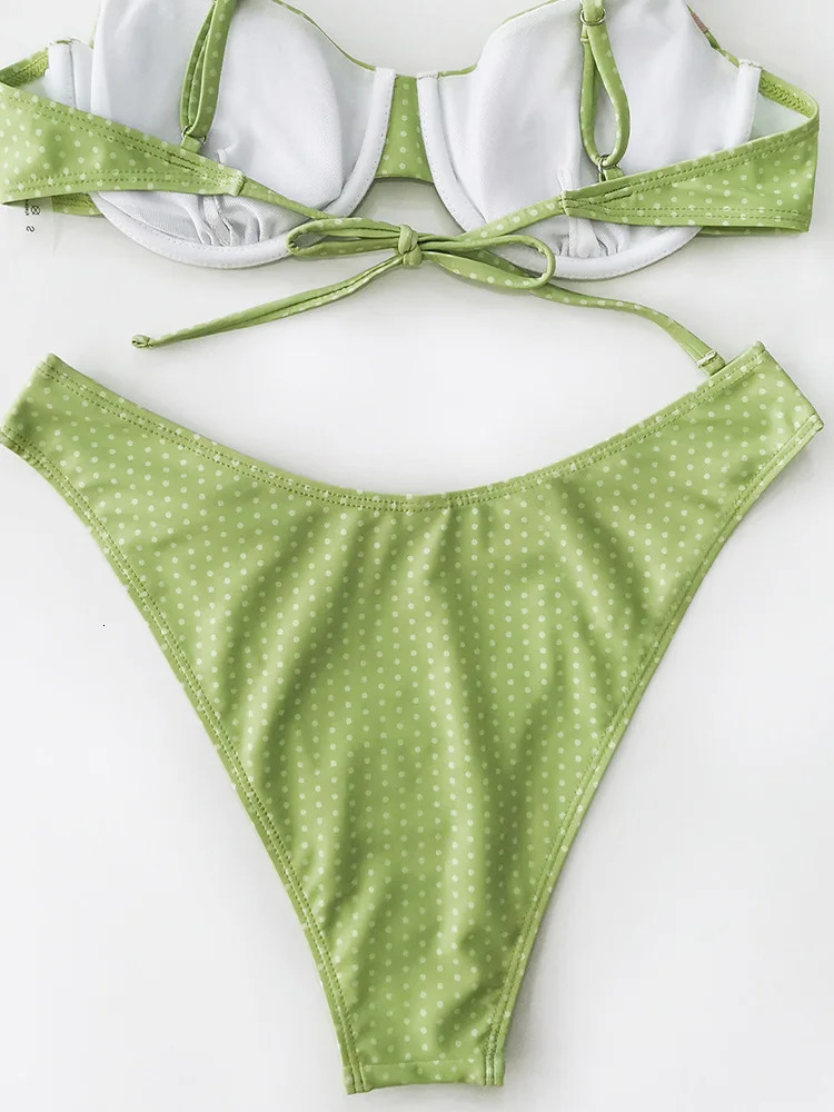 Sexy Polka Dot Bow Backless Bikini 2 Piece Set Women Laced Up Split Swimsuit Beach 2025 Summer Swimwear 250320