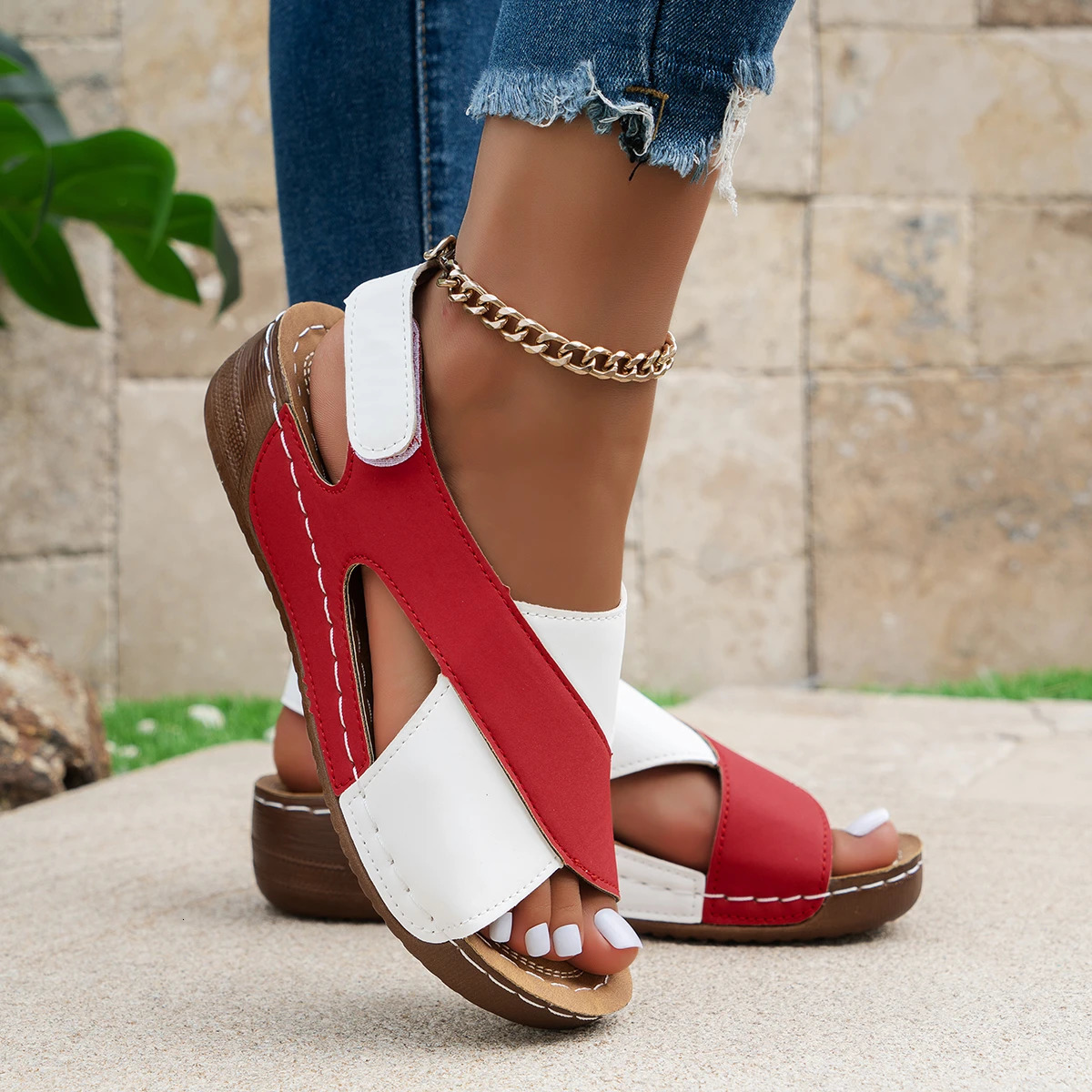 Womens Summer Mixed Color Wedge Sandals Comfortable Non slip Beach Shoes PU Leather Platform Roman 250321BJ - view 7