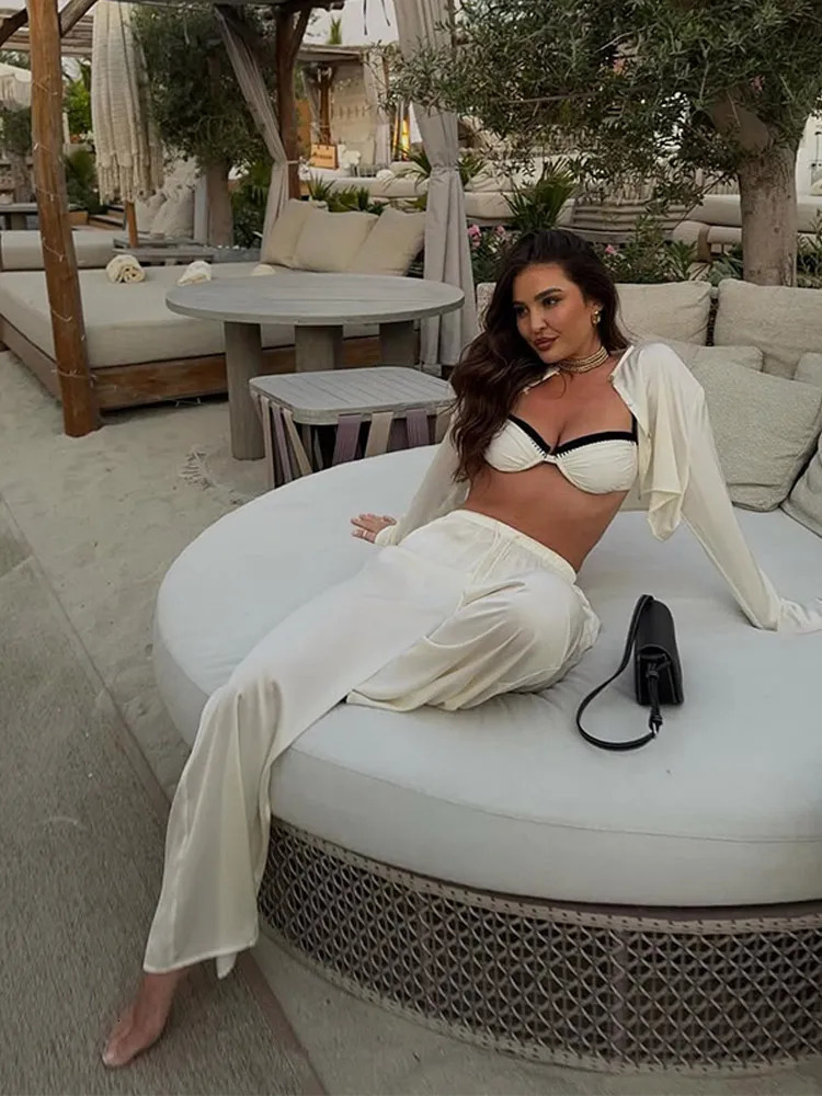 Sexy Loose Brown Satin Skirt 2 Piece Sets Women Outfit 2025 Fashion Long Sleeve Crop Top With High Waist Maxi Skirt Suit 250320