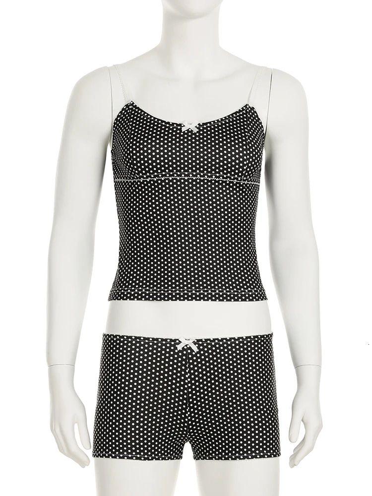 IAMSURE Holiday Bow Dot Print Shorts Sets Women Sexy Slim 2 Piece Sets Slash Neck Sleeveless Camis Tops Low-Waist Shorts 250320