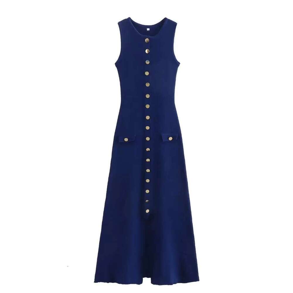 Women Elegant Solid Knitted Single Breasted O Neck Sleeveless Dresses With Pockets Slim Midi Dress Office Lady