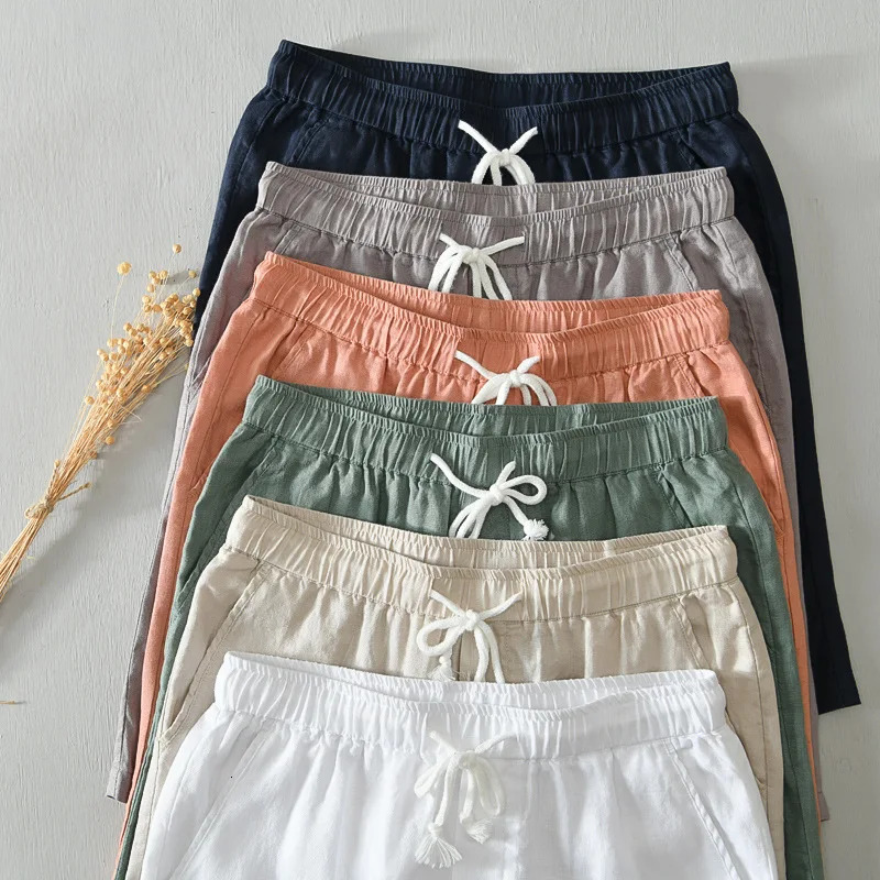 Summer Simple 100% Linen Shorts for Men Clothing Solid Color Streetwear Men Pants B8103 250320
