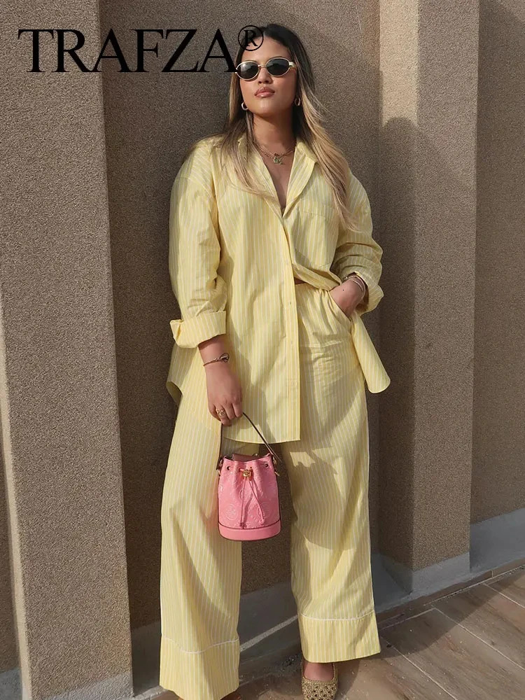 TRAFZA Women Yellow Stripe Blouse Pant Suit Loose Long Sleeve Shirt Drawstring Trousers Female Fashion Streetwear Outfits 250320
