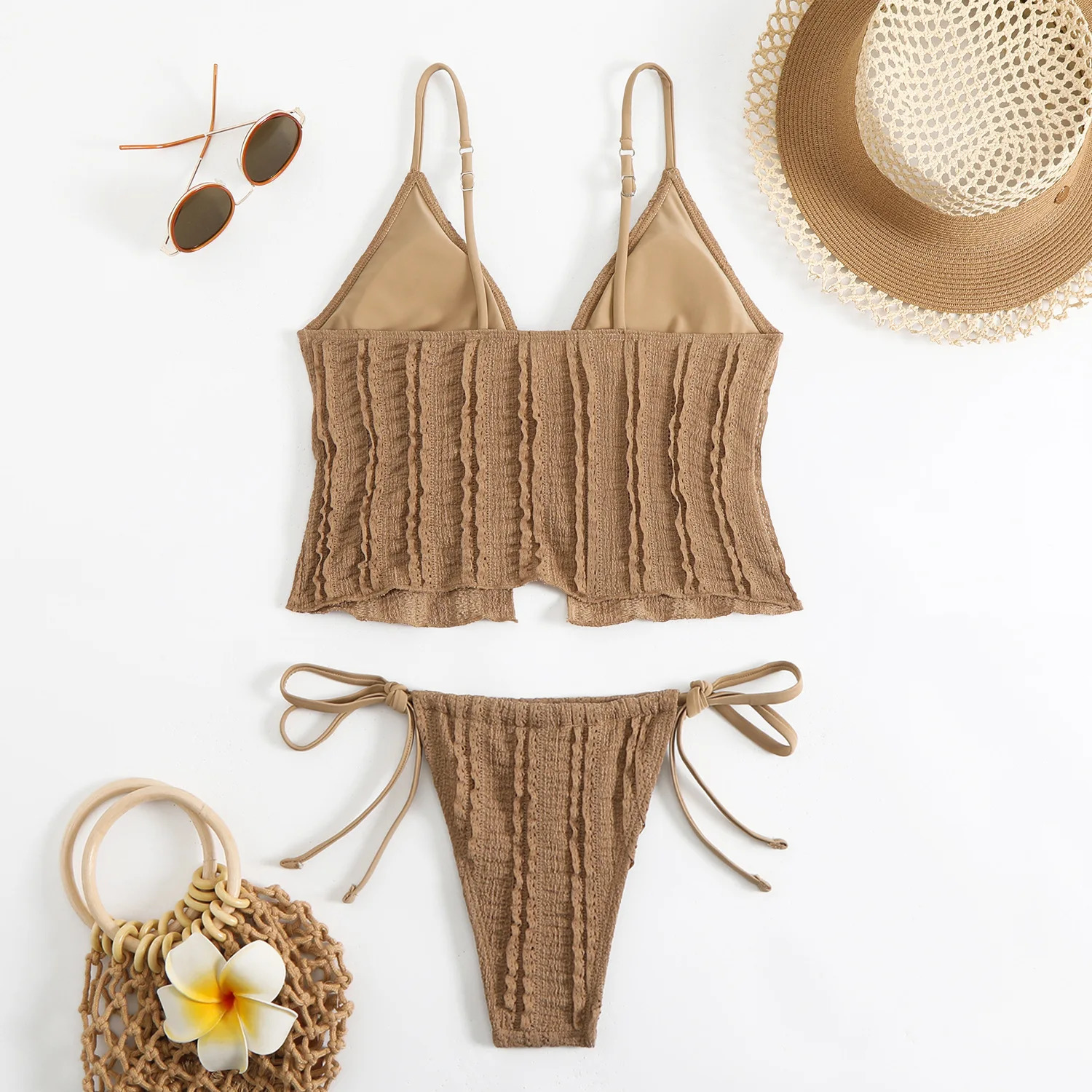 Sexy brown bikini 2025 two piece swimsuit womens thong set sweet tie top beach 250320