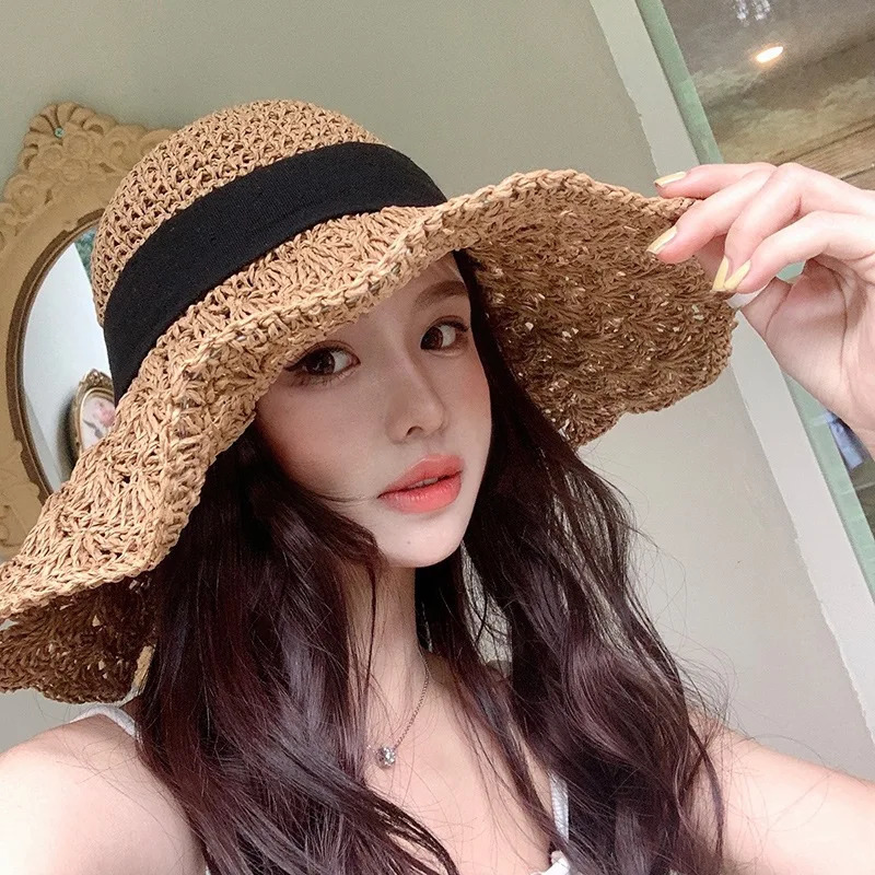 Summer Straw Hat Womens Lace Big Brim Beach Folding Holiday Cool Sunscreen Hat 250320
