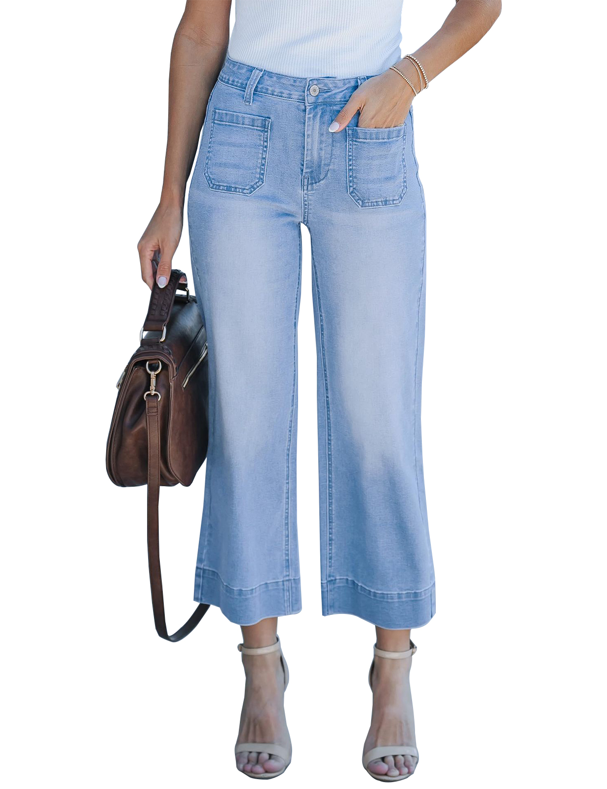 CNLONGBIDA Women's Jeans European and American stretch jeans washed high waisted wide leg pants stretch cropped jeans 2455