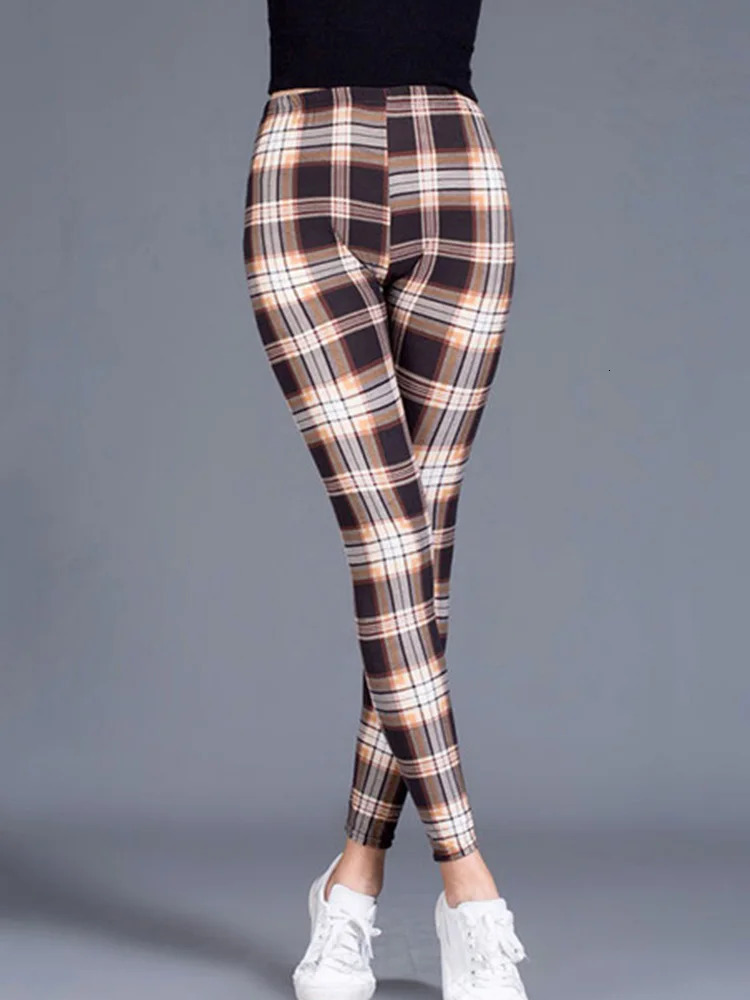 CUHAKCI Fashion Plaid Printing Legging Womens Sexy Fitness Leggins Grid Flower Stripes Trouser High Waist Pencil Pants 250320