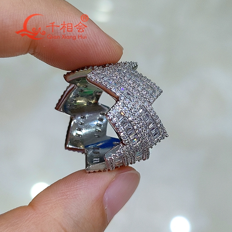 Hip Hop Emerald Moissanite Ring 15mm Square Wave Sterling 925 Silver for Men And Women Diamond Fine Jewelry
