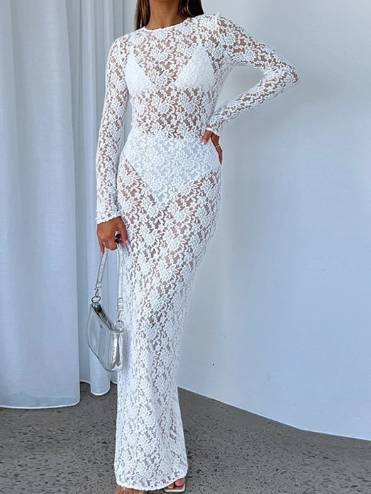 Sexy Seethrough Lace Flower y Slim Bodycon Long Dress Women Sleeved Maxi Evening Club Party Dresses 250320