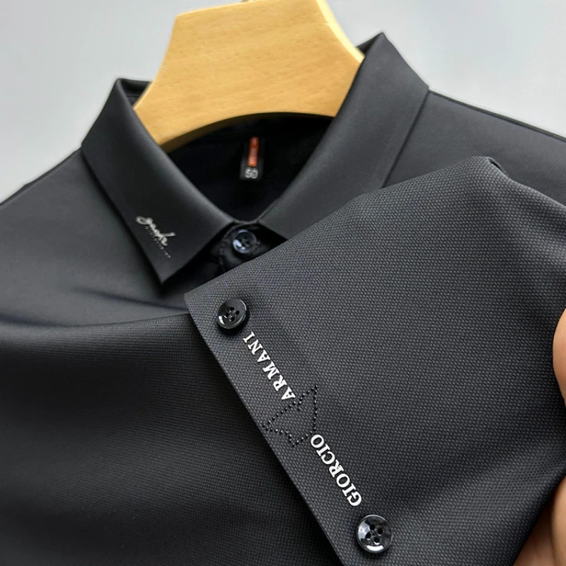 High-end Ice Silk Short-sleeved Shirt for Men Embroidery Summer Mens Business Casual Shirts Thin Lapel T-shirt Top 250320