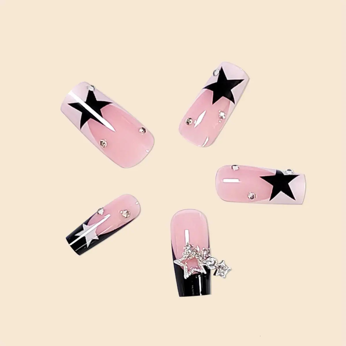 Women Girls 24Pcs Long Square Black French sparkling diamond star pendant Full Coverage Wearable Fake Nail Press on Nail Art 250319