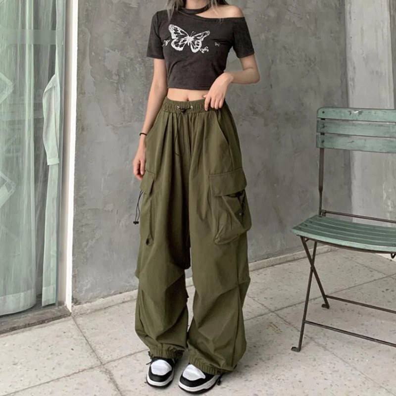 2025 Women Casual Cargo Pant Solid Low Waist Drawstring Big Pockets Wide Leg Baggy Trousers Female Y2K Streetwear Oversize S 250320