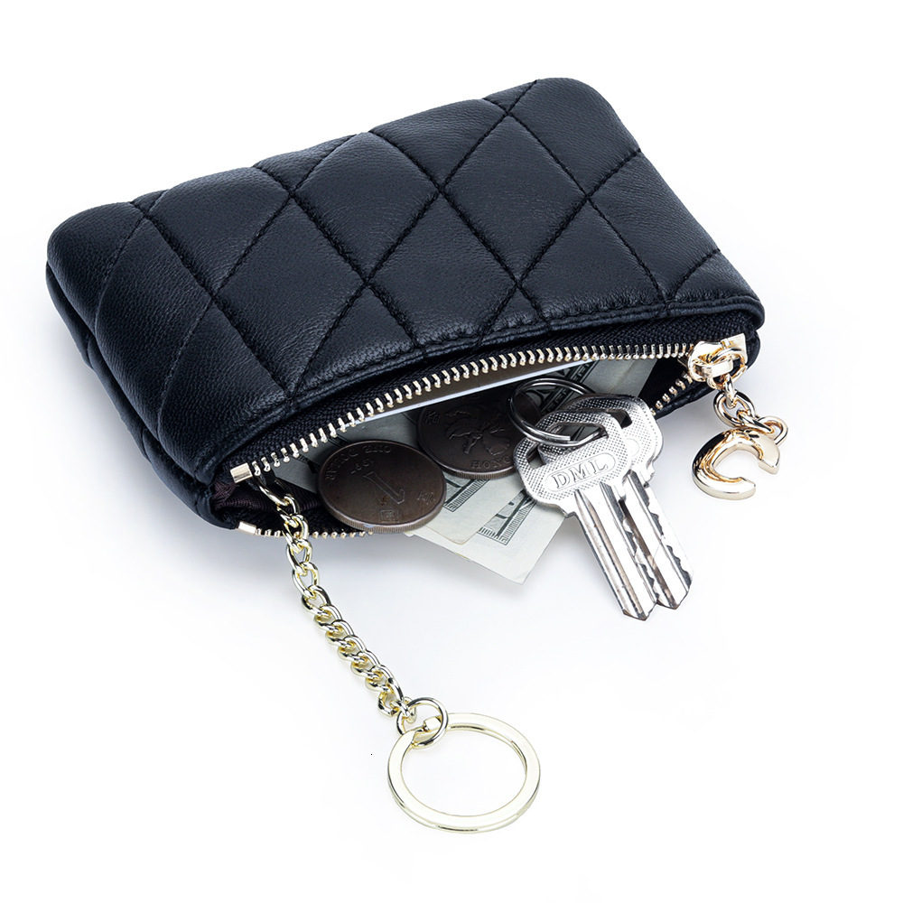 2025S Trend Designer Sheepskin Fashion Thin Zipper Women S New Genuine Leather Embroidered Grid Wallet Key Storage Small Bag