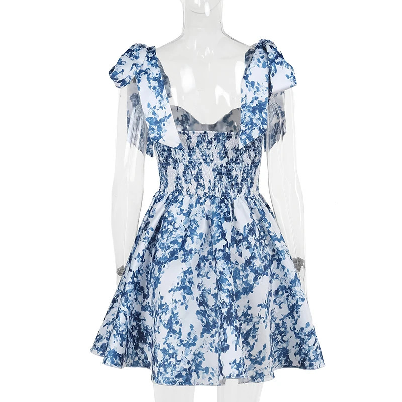Summer vacation style temperament slim fit printed lace up Aline skirt womens sexy dress 250317