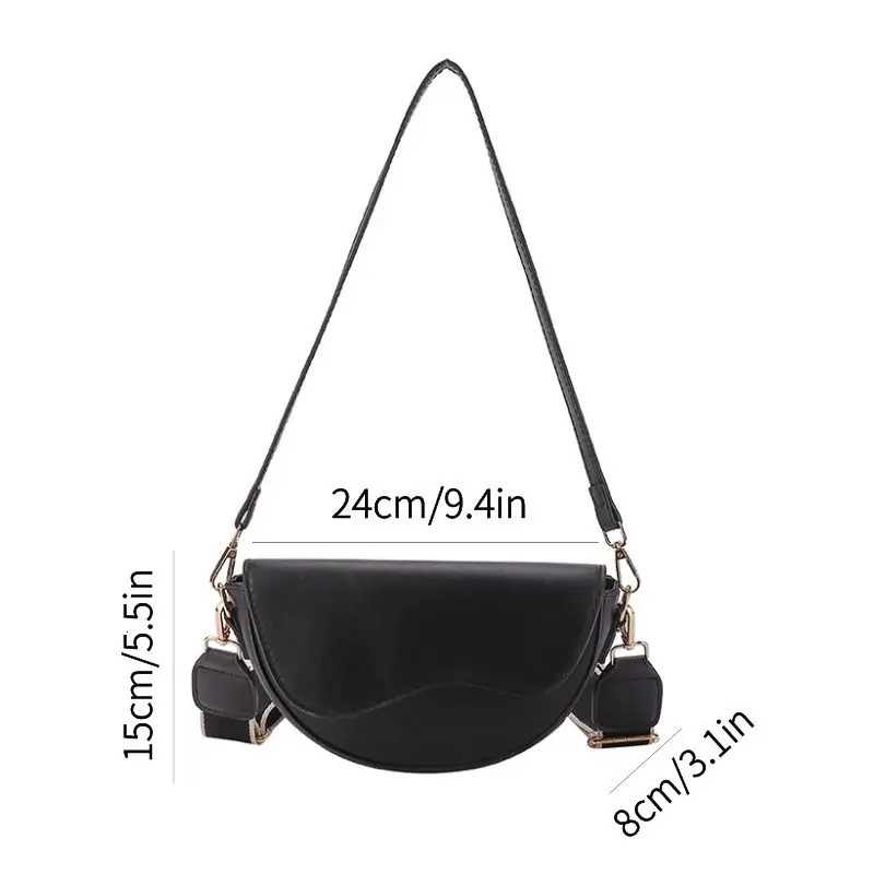 Womens retro solid color flip small saddle shoulder and lower arm bag fashionable PU leather wide strap horizontal 250320