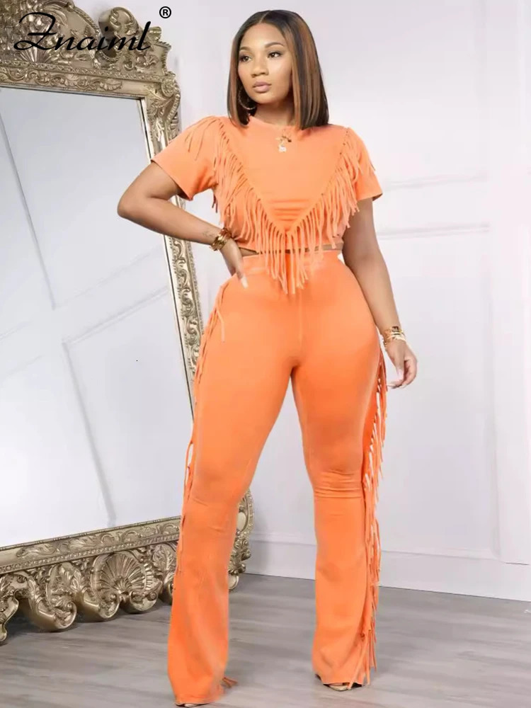 Znaiml Side Fringe Tassel Outfits for Women Wide Leg Flared Pants and Tank Crop Tops Short Sleeve Two 2 Piece Sets Streetwear 250320