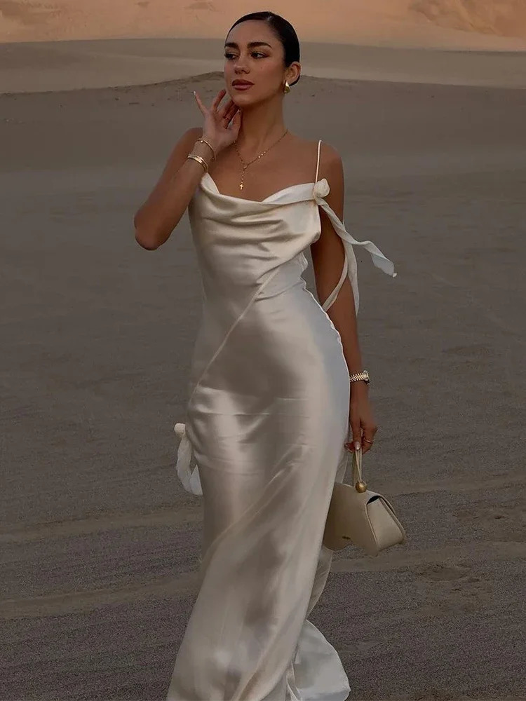 Sexy Lady Solid Color Satin Strap Backless Long Dress Elegant Lace Up Sleeveless Maxi Dresses Woman Evening Party Robe 250320
