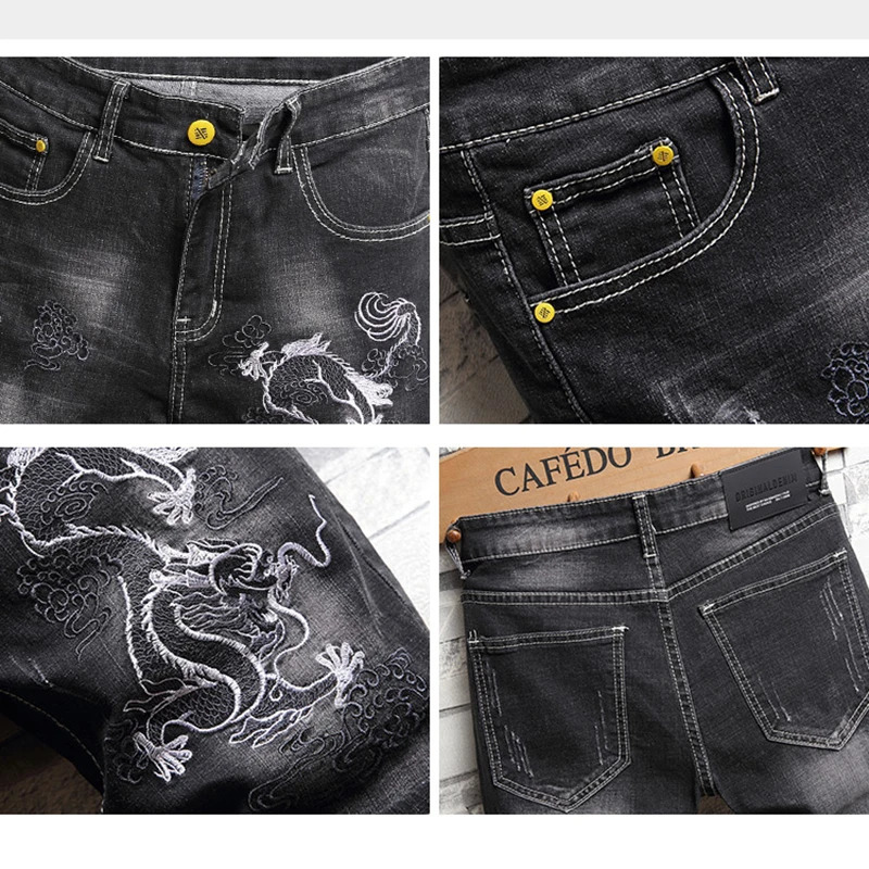 Black denim shorts jeans silver dragon embroidery perforated s fashionable slim fit loose jacket hiphop high street 250312