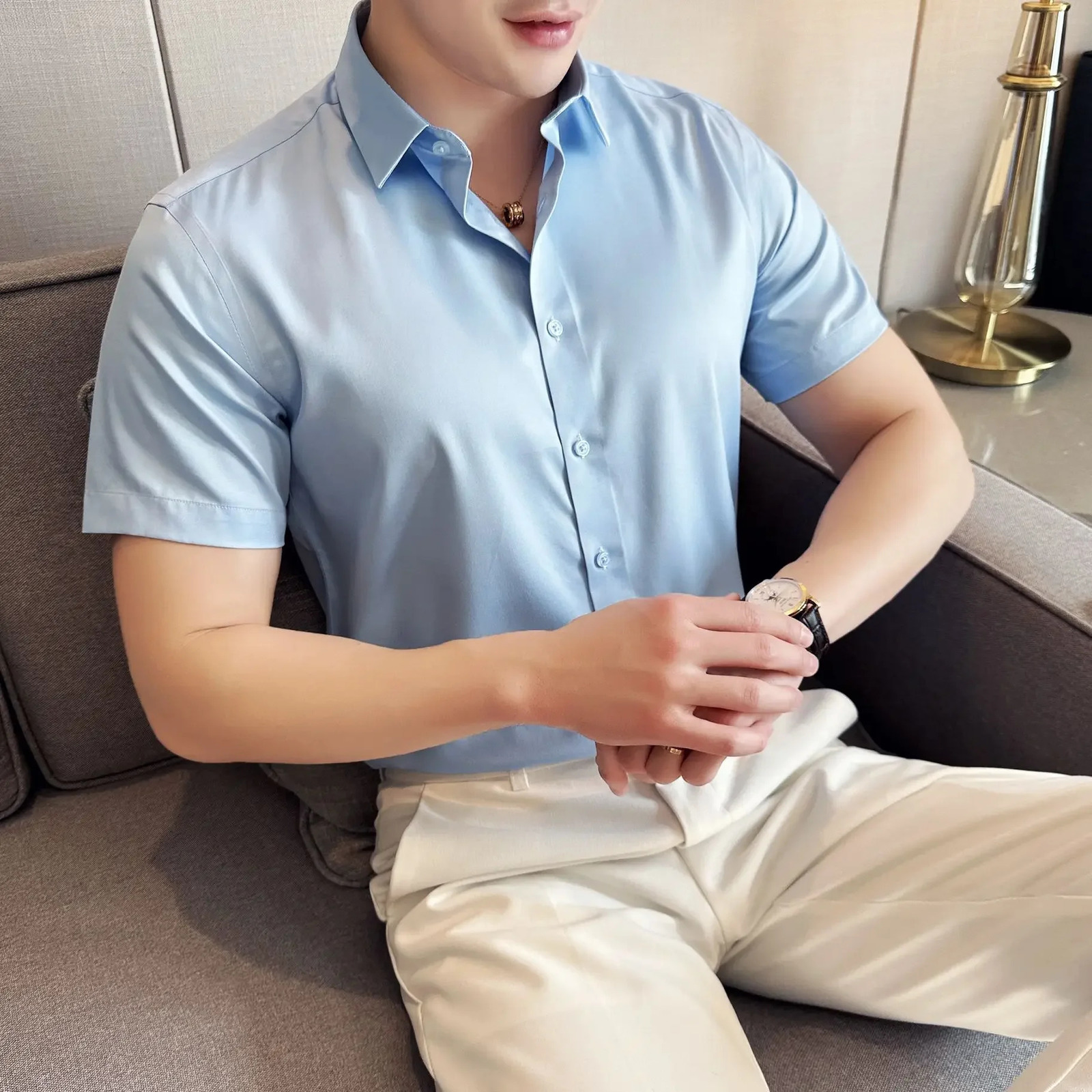S~6XL increase summer mercerized satin short sleeve shirt ice silk cool half sleeve solid color business casual men shirt 250320