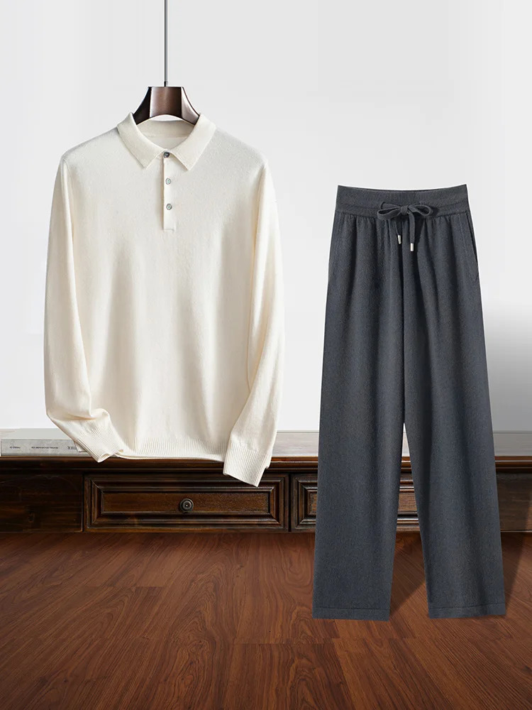 Mens Cashmere Polo Pullover Sweater Casual Soft 100% Cashmere Knitwear High-waisted Pants Spring Autumn Clothes Solid Set 250320