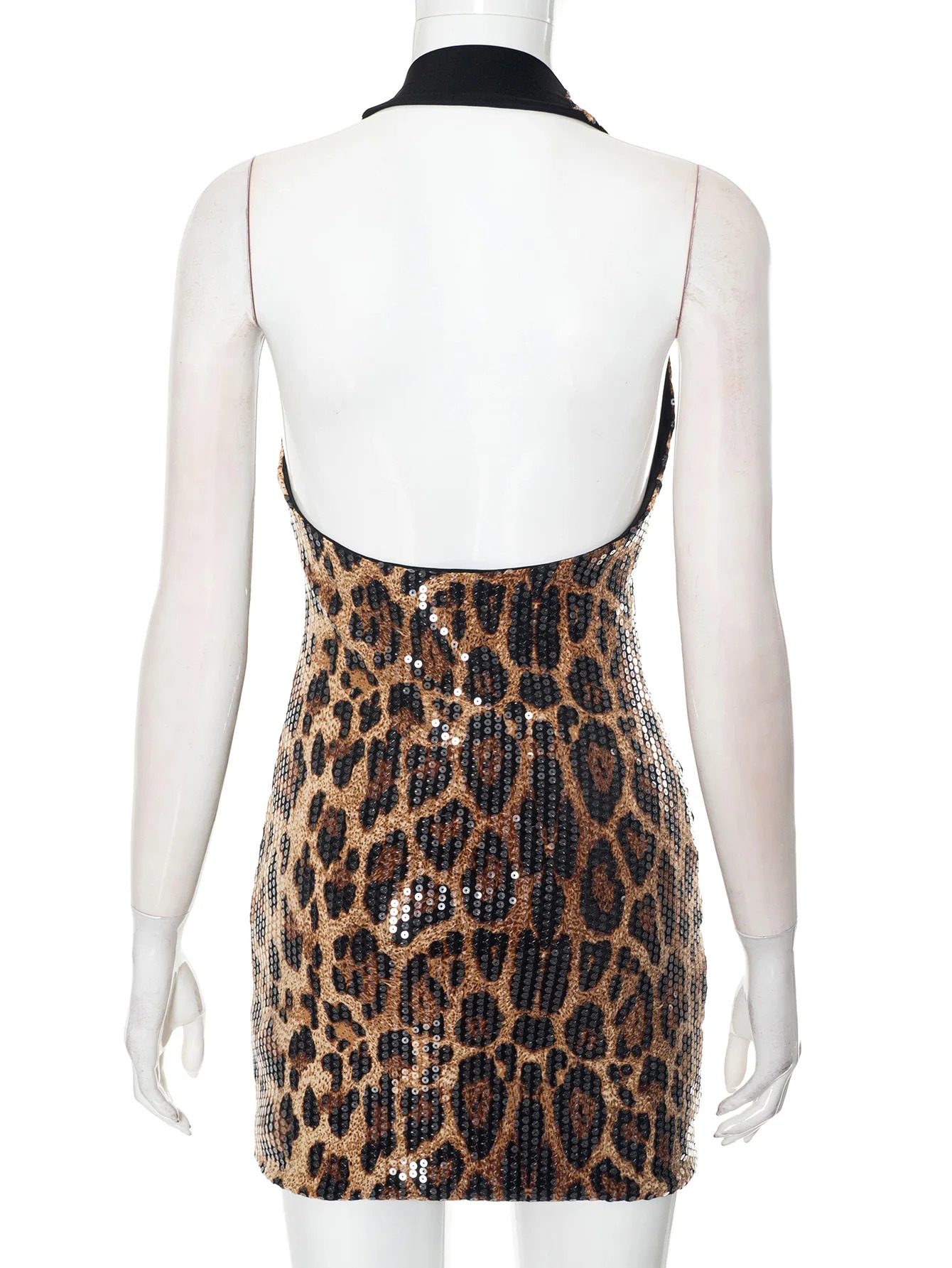 Leopard Sequin Backless Halter Short Dress Spicy Girl 2025 Spring Sexy Deep V Neck Sleeveless Slim Fit Vestidos Party Clubwear 250320