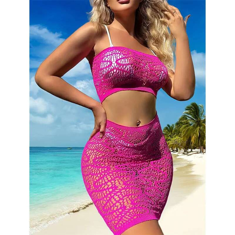 higher quality New sexy set of upper and lower two-piece skeleton see-through sleeveless bustier-style package hip beach outer shirt