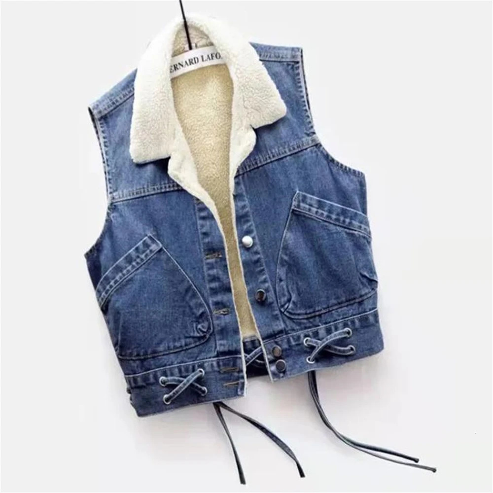 Autumn Lamb Wool Liner Plush Thick Cowboy Vest Winter Plus Velvet Warm Women Denim Waistcoat Female Gilet Sleeveless Vest Jacket 250320