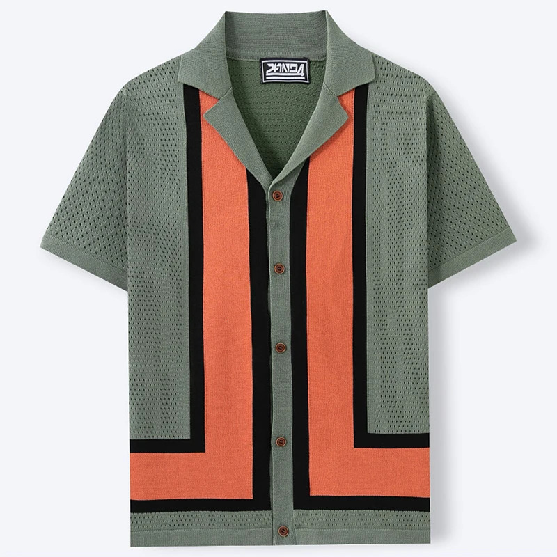 Summer Casual Shirt Mens Knitted Hollow Contrast Color Mens Fashion Collar Button Shirt 250320