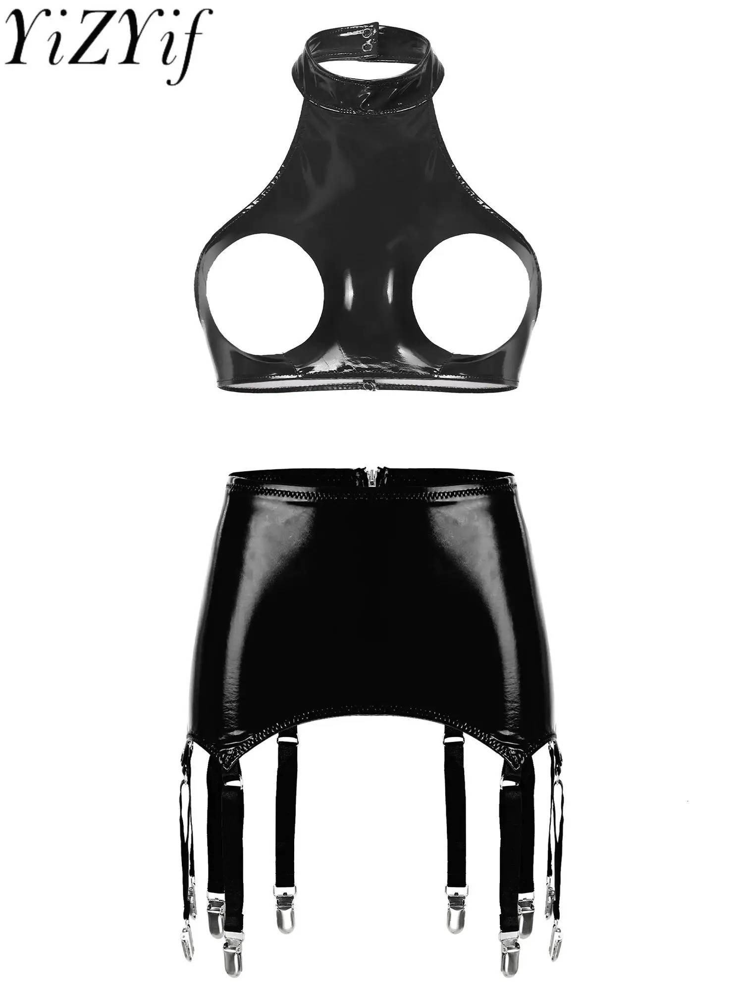 Womens Patent Leather Two-Pieces Porn Lingerie Set Wire-free Open Bust Push-up Bra Top Tank Top with Zipper Garters Mini Skirt 250320