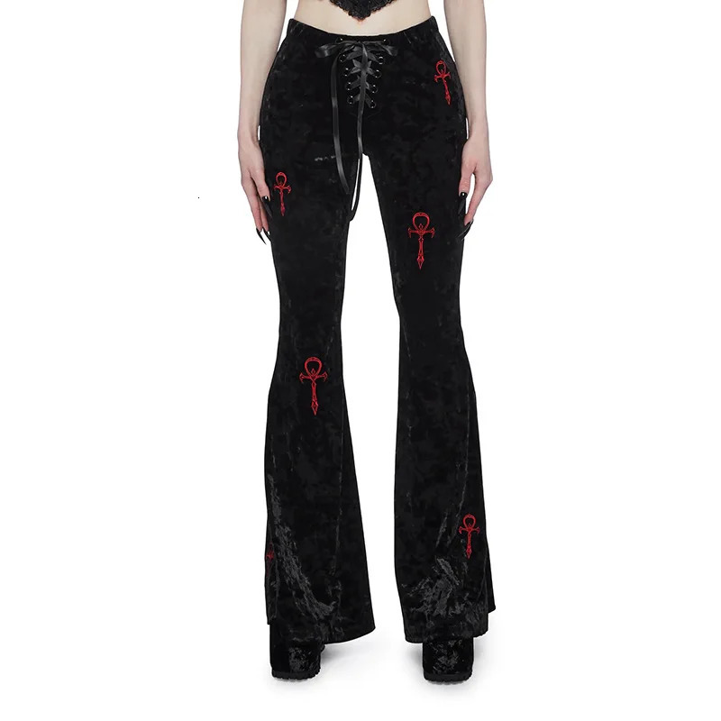 Goth Dark Velvet High Waist Flare Pants Harajuku Fashion Cross Embroidery Soft Long Pant Women Autumn Mall Gothic Slim Trousers 250320