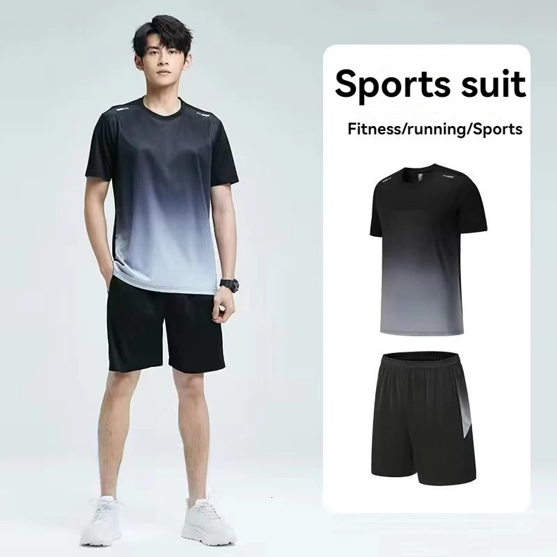 Fitness Clothes Mens LCE Silk Quick-Dry Sportswear Set Summer Short-sleeyed T-shirt Morning Running Basketball Training Room 250320