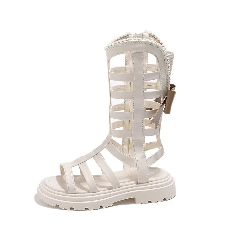 Girl Long Roman Boots Children Hightop Leatehr Sandals Summer Fashion Kids Pearls Gladiator with Bowtie Princess H06256 250304