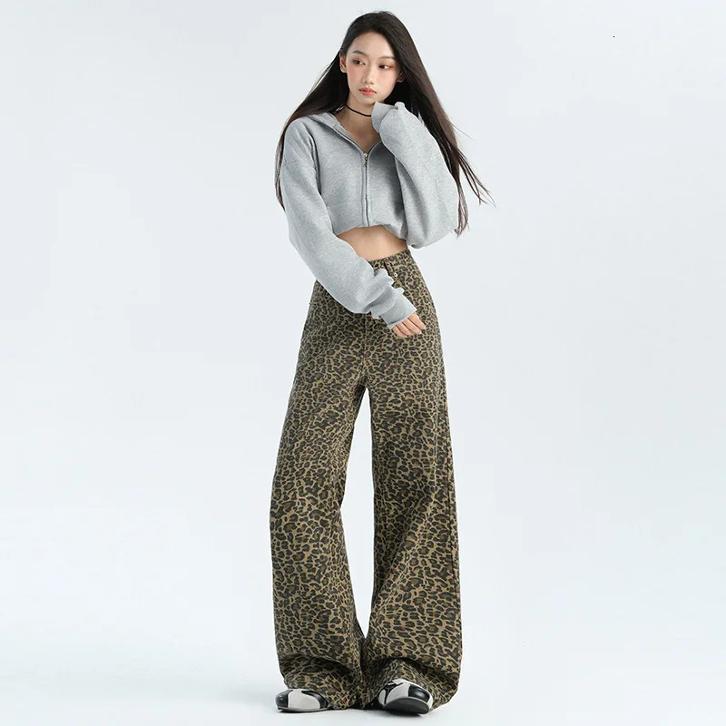 #2639 Streetwear Leopard Denim Jeans Women Loose High Waisted Vintage Long Jeans Femme Straight Wide Leg Jeans Ladies Autumn 250320