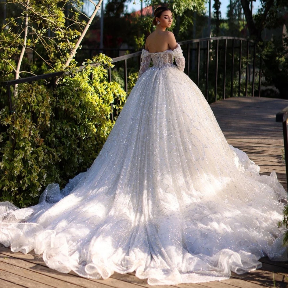 Gorgeous Women Wedding Off Shoulder Long Sleeves Bridal Gowns Pearls Sequins Sweep Train Dress Custom Made