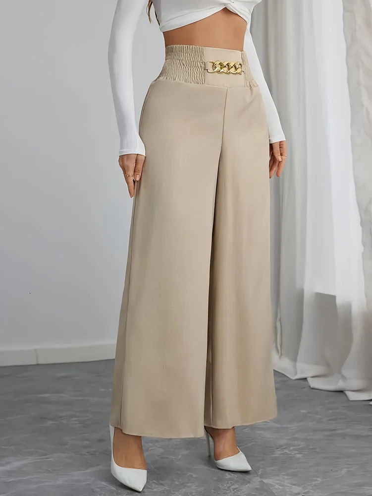 Womens casual wide leg pants oversized fit brushed waist polyester blend suitable for beach or loft 250320