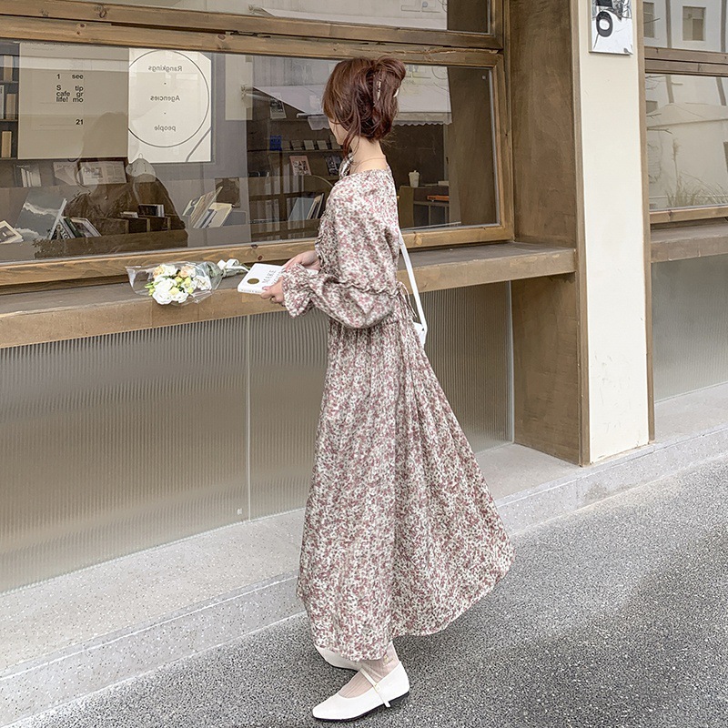 X300 Floral Dress Women Spring French Gentle Tea Dress V-neck Floral Dress