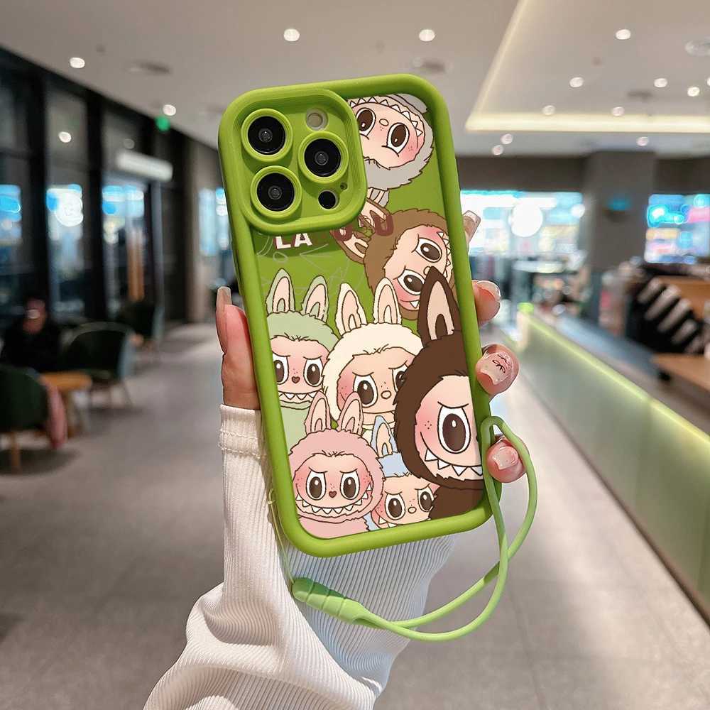 New Kawaii Cute Labubu phone case suitable for 15 14 13 11 Pro Max Mini XR XS X 7 8 Plus soft TPU back cover with hand strapXJ250321