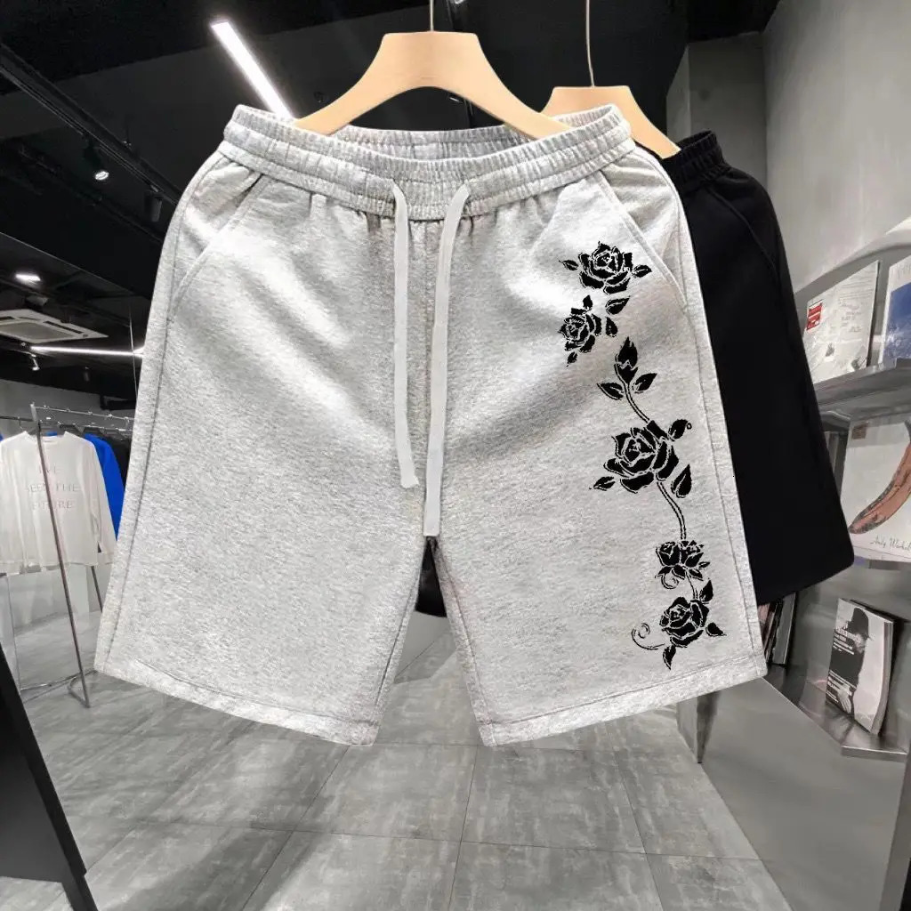 Rose Print Fashion Street Trend Cotton American High Shorts Mens Summer Loose Casual Sports Boxing 250320