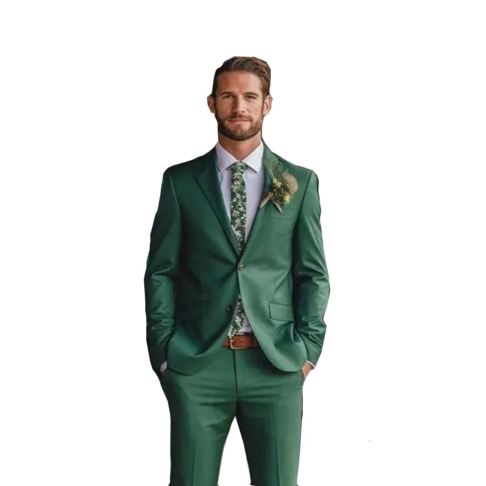 Fashionable green mens wedding dress twopiece style chic notch lapel single chest tailcoat ultrathin fit jacketpants 250311