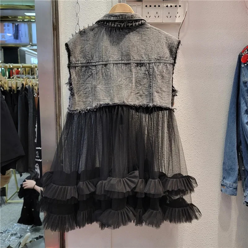 Women Rainbow Color Diamonds Beaded Mesh Ruffles Splice Jeans Jacket Multi-layers Mesh Rhinestone Denim Vests Cardigan Tank Tops 250320