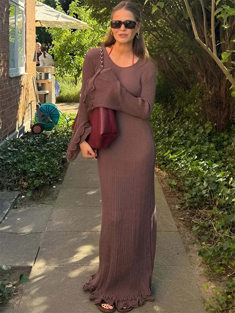 Tossy Knitted Lace Ruffle Womens Long Dress Patchwork Ribbed Loose Fashion Bandage Elegant Dress Womens Knitted Maxi Dress 250320