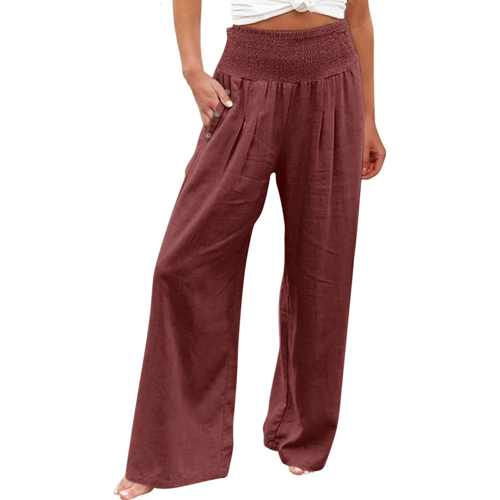 Summer Cotton Linen Wide Leg Pants Women Loose Palazzo Pant Pocket Elastic Waist Button Casual Pants Pant for Women Women Pant 250320