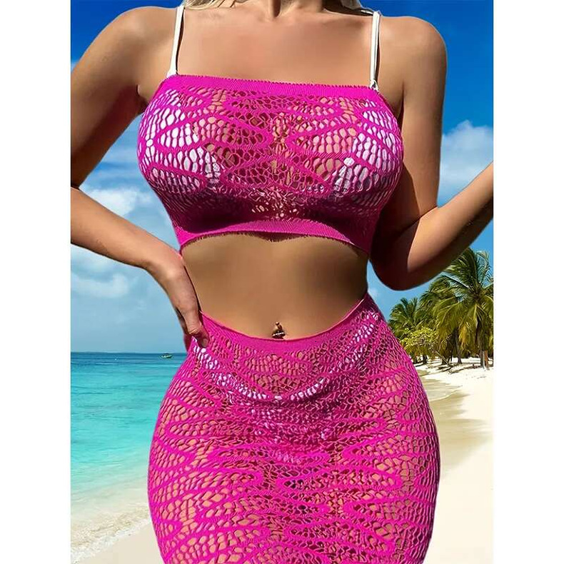 higher quality New sexy set of upper and lower two-piece skeleton see-through sleeveless bustier-style package hip beach outer shirt